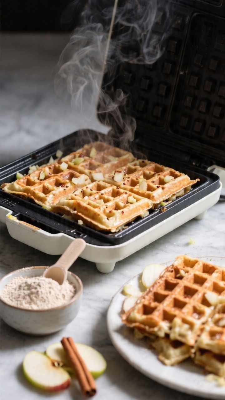 45-degree action shot of Apple Cinnamon Protein Waffles in the waffle iron mid-cook, steam rising; visible bits of grated apple and cinnamon flecks in the batter, with a side plate holding finished waffles showing crunchy, cornstarch-boosted edges; ingredients staged nearby: a scoop of vanilla protein powder, almond flour in a small bowl, a cinnamon stick, and thin apple slices; crisp, high-contrast lighting to highlight texture.