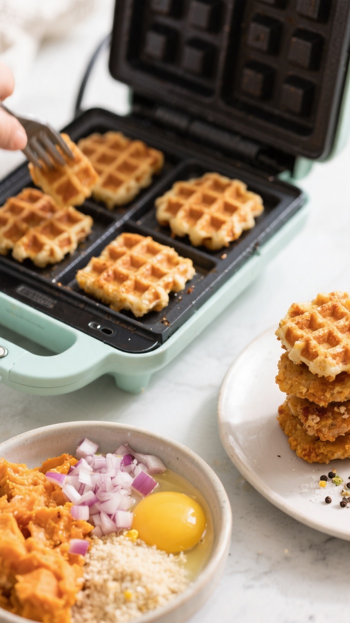 45-degree angle action shot of Mini Waffle-Iron Sweet Potato Chicken Nuggets (Crispy Grids!) cooking in a small waffle maker: the grid-marked nuggets sizzling with light browning at the ridges. Foreground shows a small mixing bowl with mashed sweet potato and ground chicken, plus finely minced onion, cornmeal or rice crumbs, an egg, and a pinch of salt and pepper. Finished nuggets stacked on a plate to the side with visible crispy waffle pattern. Bright, playful mood, crisp focus on grid texture.