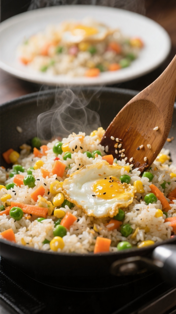 45-degree angle action shot of rainbow veggie fried rice in a carbon-steel wok: day-old chilled rice tossed with thawed peas, carrots, and corn, glossy from neutral oil; ribbons of soft-scrambled egg folded through, steam rising; soy-sesame sheen on the grains, pops of green, orange, and yellow; a wooden spatula mid-stir, with a simple white plate of finished rice blurred in the background; vibrant, weeknight-fast energy, high contrast and tack-sharp grains