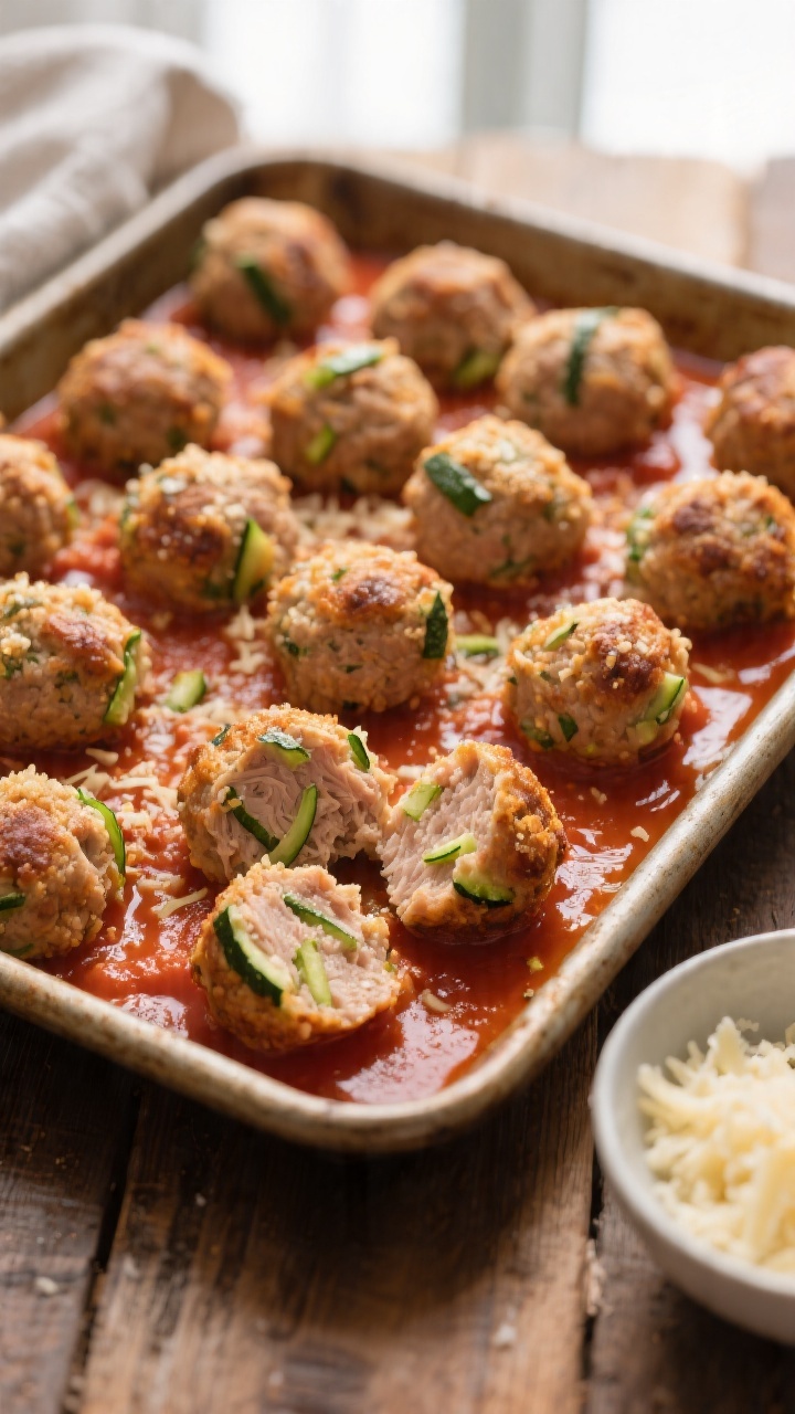 45-degree angle baking tray scene of mini turkey zucchini meatballs just out of the oven: juicy, golden-brown turkey meatballs speckled with finely grated zucchini and breadcrumbs, lightly glistening with pan juices, nestled in a cozy pool of smooth tomato sauce. Include a small bowl of finely grated Parmesan off to the side (optional garnish), and a close crop of one split meatball showing moist interior with zucchini strands. Warm, homestyle mood, rustic sheet pan on a wooden surface, natural window light.
