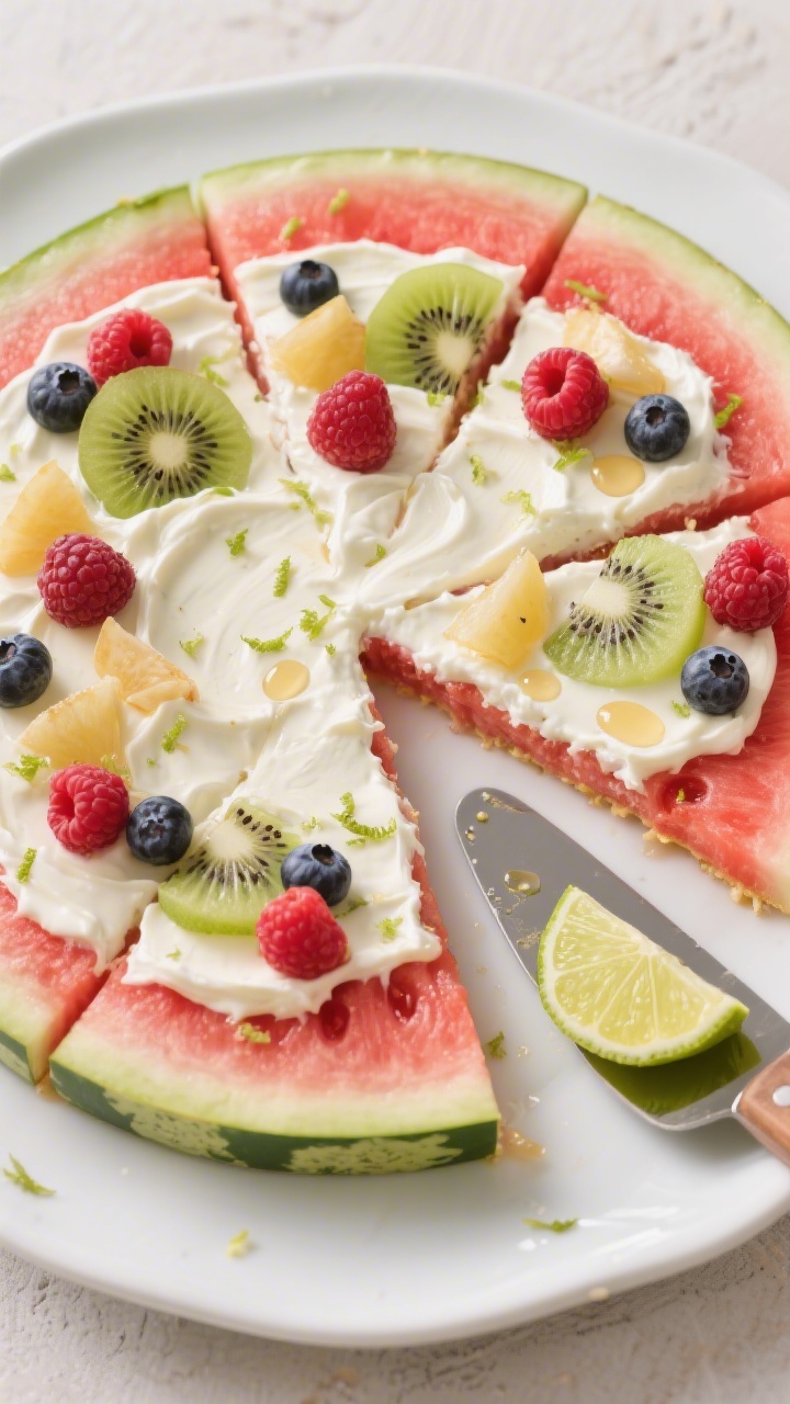 45-degree angle beauty shot of Watermelon Pizza: a large round 1-inch-thick slice of seedless watermelon (rind on) topped with a silky cream cheese–vanilla Greek yogurt–honey lime “cheesecake” spread, then decorated with a colorful pattern of fresh berries and kiwi; segments pre-cut like pizza slices, zest of lime sprinkled over, light honey sheen; served on a white ceramic platter with a lime half and a small offset spatula nearby.