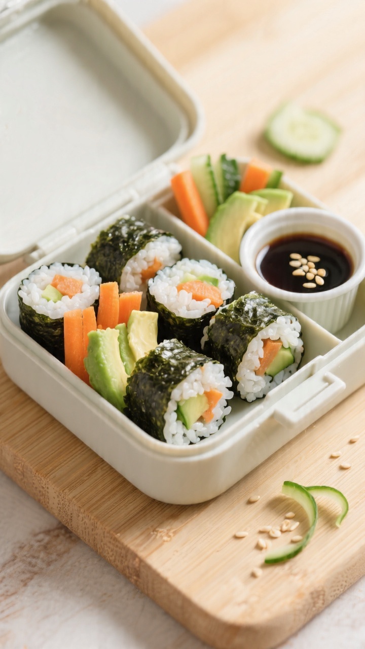 45-degree angle bento box presentation of Mini Veggie Sushi Rolls (no raw fish): compact nori rolls filled with seasoned short-grain rice (glossy from rice vinegar, touch of sugar and salt), cucumber and carrot matchsticks, and creamy avocado slices. Arrange bite-sized rolls snugly in a lunchbox compartment with a mini container of low-sodium soy sauce, a few sesame seeds sprinkled, and cucumber ribbons as garnish. Clean bamboo surface, soft daylight, shallow depth of field emphasizing the nori sheen and rice grains, cheerful kids’ lunch vibe.