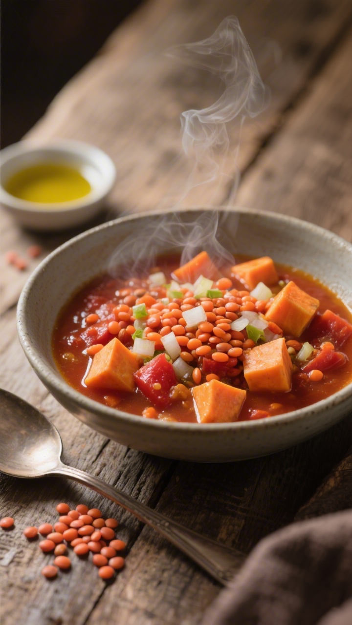 45-degree angle bowl shot of a cozy red lentil and sweet potato stew: tender 1/2-inch sweet potato cubes, soft red lentils, finely chopped onion and carrot in a tomato-tinged low-sodium broth with a glossy olive oil sheen; steam gently rising, served in a matte ceramic bowl on a rustic wooden surface, a spoon resting nearby; background elements include a small dish of olive oil and a few uncooked red lentils for storytelling, warm tones and soft diffused light.