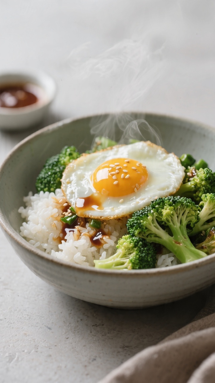 45-degree angle bowl shot of cozy rice, eggs, and broccoli with 5-minute teriyaki: fluffy day-old white rice as the base, bright green broccoli florets sautéed until tender-crisp, jammy fried eggs with runny yolks on top, glossy quick teriyaki drizzled over, sesame or neutral oil sheen; served in a matte ceramic bowl with a small dish of extra sauce; clean, cozy mood, steam wisping, focus on contrasting textures (silky yolk, tender broccoli, glossy rice).