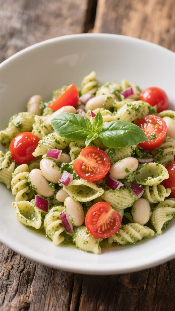 45-degree angle bowl shot of Creamy Bean-Pesto Pasta Salad with Tiny Tomatoes: small pasta shapes (mini shells or elbows) coated in a silky basil pesto dressing, tossed with tender white beans, halved cherry tomatoes, and finely chopped add-ins (like red onion or herbs) for color; finished with a light sheen of olive oil and a few basil leaves; served in a matte white bowl on a rustic wooden table, vibrant reds and greens popping against the pale pasta, appetizing gloss and clarity, no people.