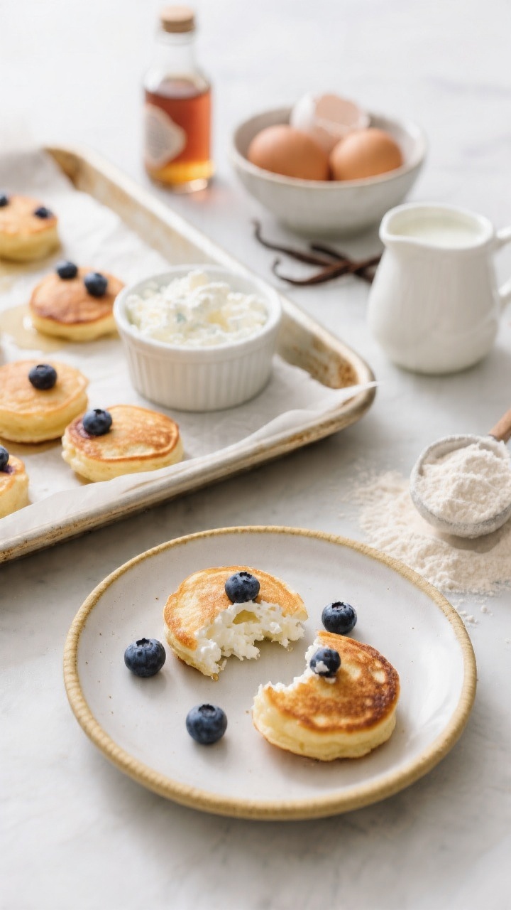 45-degree angle breakfast scene of Cottage Cheese Pancake Bites with Blueberries: mini puffed pancake bites on a parchment-lined baking sheet and a few transferred to a small plate, golden edges with blueberry bursts. Ingredients styled around: a ramekin of small-curd cottage cheese, cracked eggs in a bowl, a splash of milk, vanilla extract bottle, maple syrup in a tiny pitcher, and white whole-wheat flour in a scoop. One bite torn open to show tender cottage-cheese curd texture and blueberries inside. Soft morning light, inviting and clean.