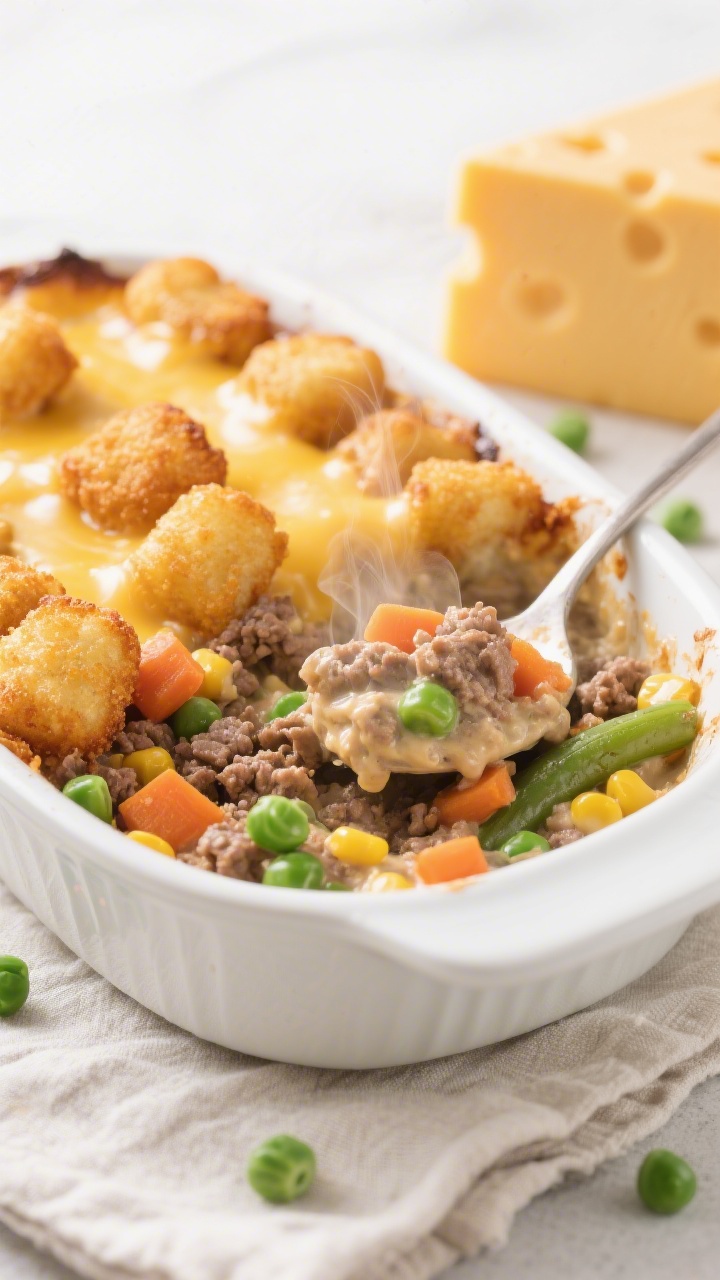45-degree angle casserole beauty shot: a toddler-friendly cheesy beef and veggie tater-tot casserole baked in a white ceramic dish. Golden, crispy tater tots on top with pockets of melted cheese; a spoon reveals the creamy ground beef filling with finely chopped carrots, peas, corn, and green beans bound by a light, buttery roux. Steam wafts gently. Simple neutral linen, scattered frozen peas and a block of cheddar in the background, bright but soft lighting to emphasize crunchy top and creamy interior.