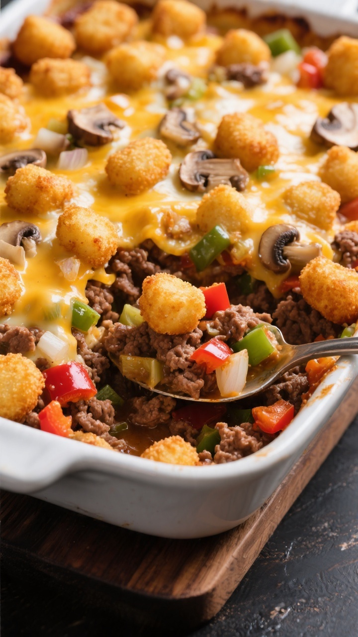 45-degree angle casserole beauty shot of a cheesy veggie-loaded tater tot crockpot bake: crisp golden tater tots on top bubbling with melted cheese, peeking bits of finely chopped bell pepper, onion, and mushrooms over a savory base of ground beef/turkey. A serving spoon revealing the layered interior, vibrant reds/greens from veggies against the rich, cheesy browns, styled on a dark wood board for contrast, high-shine appetizing finish.