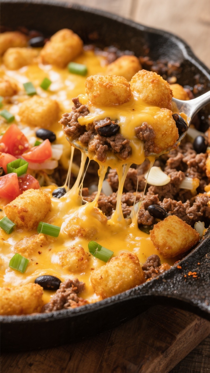 45-degree angle close-up of a cheesy taco tater tot casserole in a cast-iron skillet: golden, crisp tater tots on top with melted cheddar pooled between, revealing layers of seasoned lean ground beef or turkey, finely chopped onion, minced garlic, mild taco seasoning, and black beans; a few bright green scallions and diced tomatoes sprinkled for color; a serving spoon lifting a gooey portion to show stretchy cheese and hearty filling; warm rustic styling, natural light.