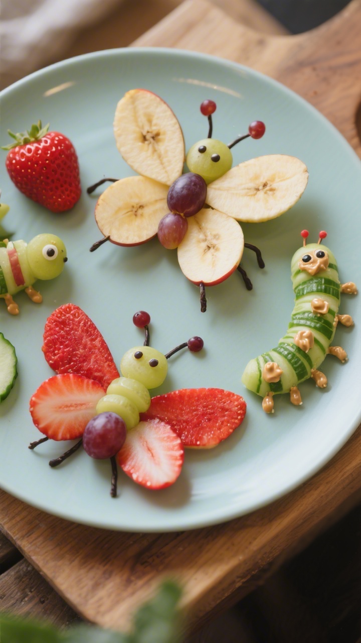 45-degree angle close-up of a “Critter Crew” plate: whimsical fruit bugs, butterflies, and caterpillars built from apple round slices for wings, banana coin bodies, grape segments for legs and antennae, strawberry halves for bold red wings, and thin cucumber slices for extra wing shapes; tiny dots of creamy peanut butter or yogurt “glue” visible at joints; arranged on a matte pastel plate over a wooden board, shallow depth of field emphasizing one butterfly while others blur softly, playful composition, no people.