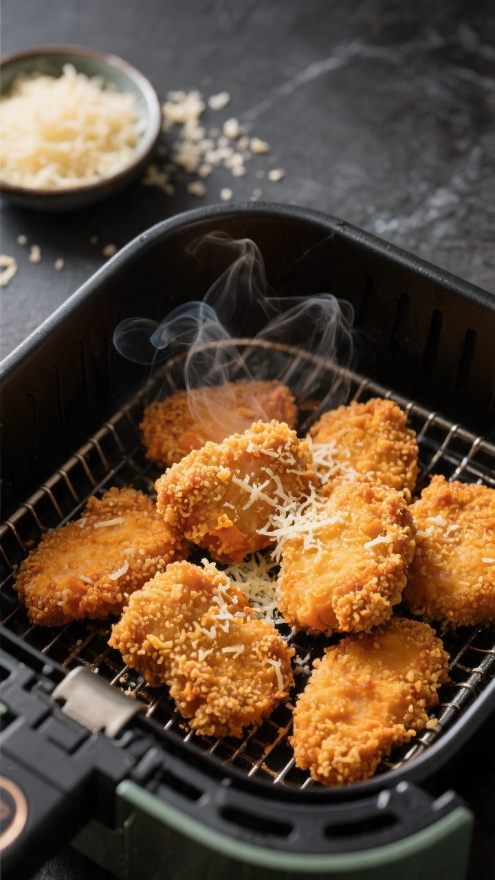 45-degree angle close-up of Air Fryer Sweet Potato Chicken Nuggets With Parmesan Crunch in an air fryer basket: deeply golden, dimpled crust from panko and finely grated Parmesan, with wisps of steam. A small dish of grated Parmesan and a scattered handful of panko visible in the background on a dark countertop. Crisp texture emphasized, sharp contrast lighting to show ridges, clean modern styling, no sauces needed.
