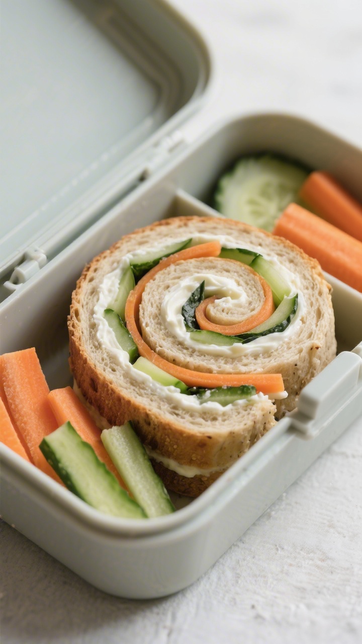 45-degree angle close-up of Bento-Style Sushi Sandwiches (no seaweed): soft whole-grain sandwich bread (crusts removed) flattened and rolled into tidy “sushi” pinwheels, filled with a smooth layer of cream cheese, matchstick cucumber and carrot at the center for a crisp bite; arranged in a bento-style compartment with dividers, featuring a few extra cucumber and carrot sticks in an adjacent section; minimal props, clean lunchbox vibe, cool tones, sharp focus on the spiral detail and creamy-chewy contrast, no people.
