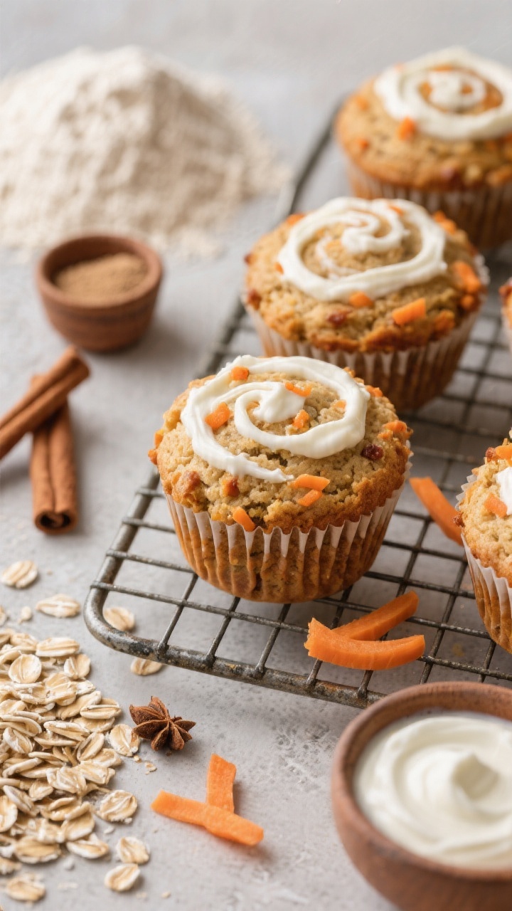 45-degree angle close-up of Carrot Cake Morning Muffins with a creamy yogurt swirl baked on top, showing tender crumb and flecks of grated carrot, cinnamon, and oats. Surround with small props: a mound of whole wheat pastry flour, quick oats, cinnamon sticks, a pinch of nutmeg, baking powder and soda in tiny ramekins, and a bowl of tangy plain yogurt used for the swirl. Place muffins on a rustic cooling rack with a few shavings of fresh carrot; soft, cozy breakfast mood.