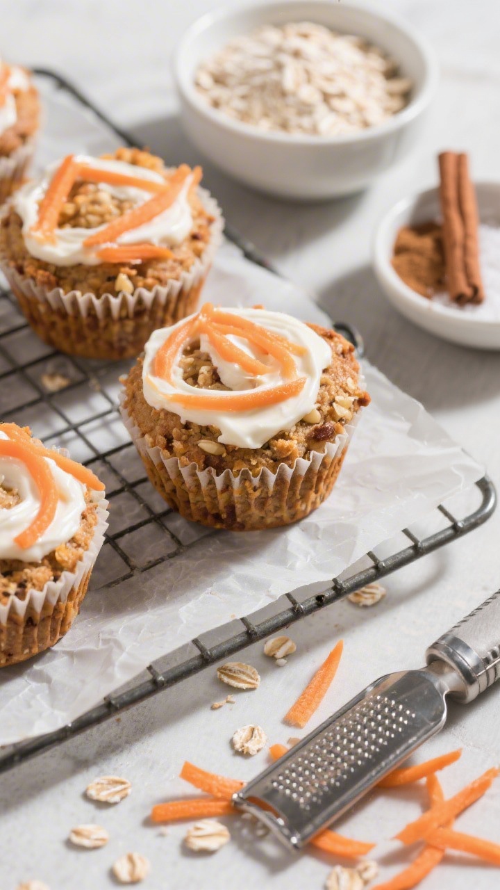 45-degree angle close-up of Carrot Cake Morning Muffins with a creamy yogurt swirl baked on top, set on a parchment-lined cooling rack. Texture details: grated carrot strands peeking through, oat speckles, cinnamon-tinted crumb. Surround with small bowls containing rolled oats, white whole wheat flour, baking powder and soda, ground cinnamon, and a pinch of salt; a microplane with carrot shavings scattered. Natural light with gentle shadows, cozy breakfast mood.