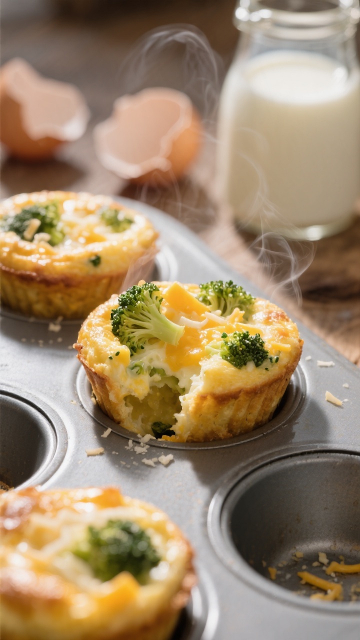 45-degree angle close-up of cheesy broccoli egg muffins just out of the oven on a matte muffin tin: golden tops with visible flecks of soft steamed broccoli and melting shredded mild cheddar, tiny Parmesan gratings catching the light; custardy, tender interior shown by one muffin cut open; a small pour jar of milk and cracked eggshells blurred in the background; warm morning light, shallow depth of field, appetizing steam subtly rising.