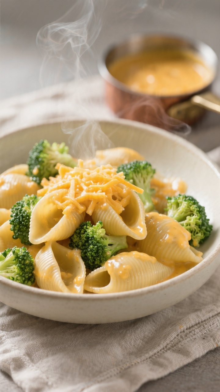 45-degree angle close-up of cheesy broccoli pasta shells in a shallow cream bowl: small pasta shells coated in a glossy cheddar cheese sauce made with whole milk, tender finely chopped broccoli nestled in the shells, steam gently rising; a light sprinkle of extra shredded mild cheddar melting on top; creamy, comforting texture with pops of green; set on a neutral linen with a small saucepan of cheese sauce blurred in the background; professional soft lighting.