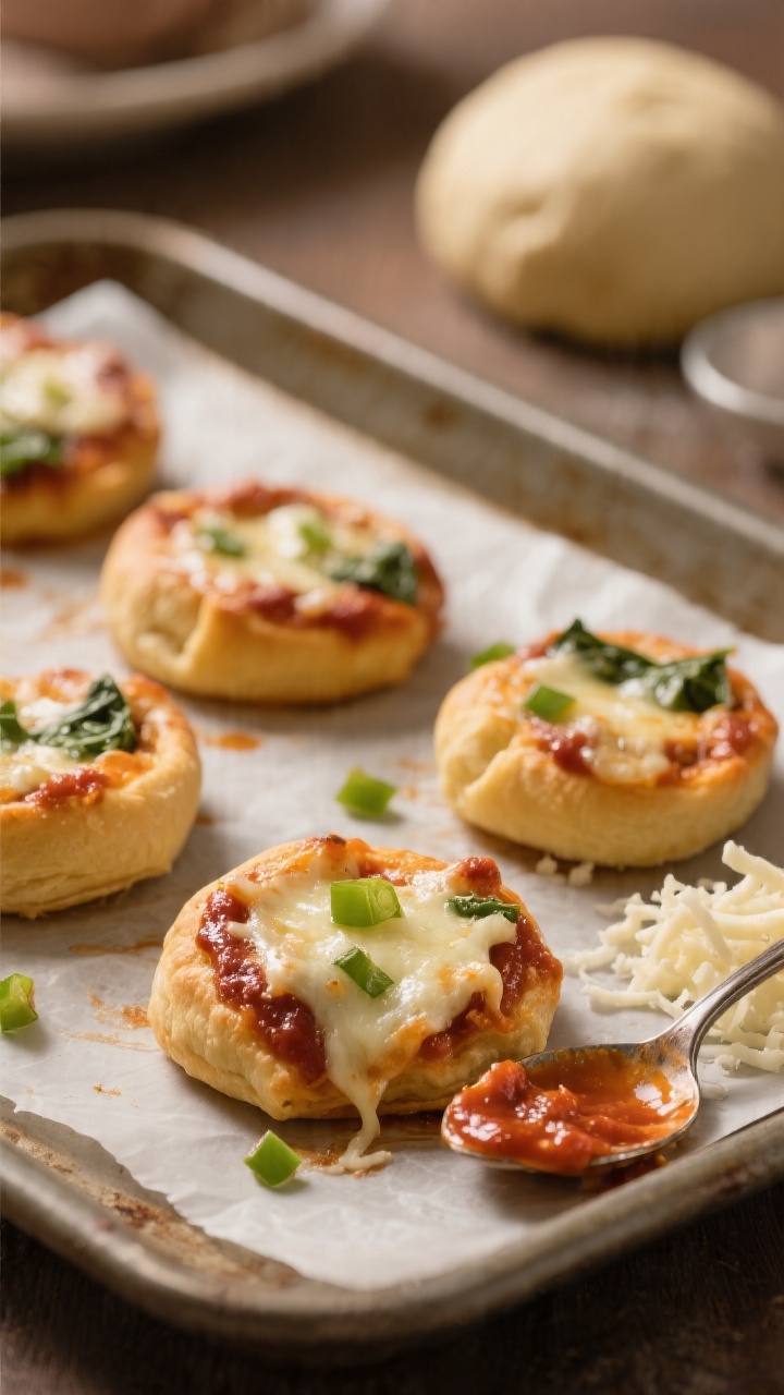 45-degree angle close-up of Cheesy Pizza Bites With Sneaky Veggies on a small parchment-lined tray: golden mini rounds of pizza or crescent dough puffed at the edges, glossy pizza sauce peeking out beneath melted, slightly browned mozzarella; tiny green flecks of finely chopped bell pepper/spinach visible through the cheese stretch; a spoon with leftover pizza sauce, a pinch pot of shredded mozzarella, and a small ball of dough in the background softly blurred; warm, cozy tones suggesting oven-fresh heat, no people, tight depth of field.