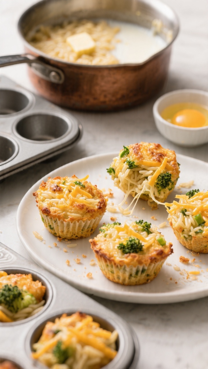 45-degree angle close-up of Cheesy Veggie Orzo Bites just out of a mini muffin tin: golden, lightly crisped tops with visible shredded mild cheddar strands and flecks of very finely chopped broccoli/vegetables. A saucepan with glossy orzo bound with butter, whole milk, and melted cheese sits behind, with a small bowl of beaten eggs to the side. A few bites are lifted onto a white plate with crumbs and cheese pull to show texture. Warm tones, shallow depth of field, clean kitchen surface.