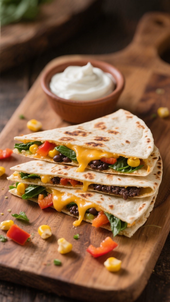 45-degree angle close-up of cheesy veggie quesadilla triangles stacked slightly offset on a small wooden board, cheese pull visible between layers. Visible fillings at the cut edges: melted cheddar, finely chopped bell peppers, sweet corn, spinach ribbons, and “sneaky” mashed black beans spread thin inside. Light char marks on the flour tortillas, a few scattered corn kernels and bell pepper bits on the board. Served with a tiny ramekin of mild salsa and a dollop of plain yogurt; warm, inviting tones.