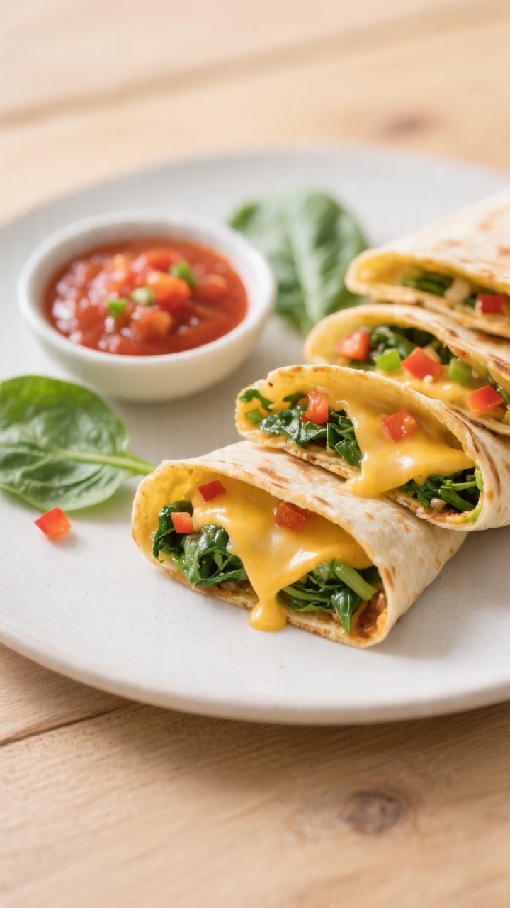 45-degree angle close-up of cheesy veggie quesadilla roll-ups with mild salsa dip: golden tortillas rolled and sliced to reveal stretchy melted Mexican blend cheese, finely chopped spinach, and tiny diced bell pepper confetti inside. Arrange on a matte white plate with a small bowl of mild red salsa for dipping, a few spinach leaves scattered for freshness. Crisp edges, gooey interior cheese pull, shot on a light wood surface with minimal styling for a playful, toddler-friendly feel.