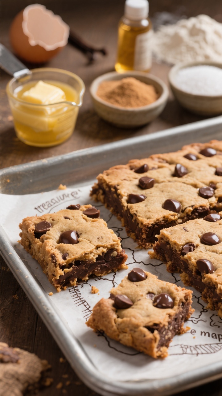 45-degree angle close-up of Chewy Chocolate Chip Cookie Bars on a parchment-lined metal pan, cut into irregular “treasure map” pieces with jagged edges and sketched chocolate lines; visible glossy pockets of melted chocolate chips, crackly top, and fudgy interior; stage key ingredients in the background softened by shallow depth of field: melted unsalted butter in a measuring cup, light brown sugar and granulated sugar in small bowls, a cracked egg shell, vanilla extract bottle, flour and a pinch of baking soda; warm, golden tones and crumb detail emphasized.