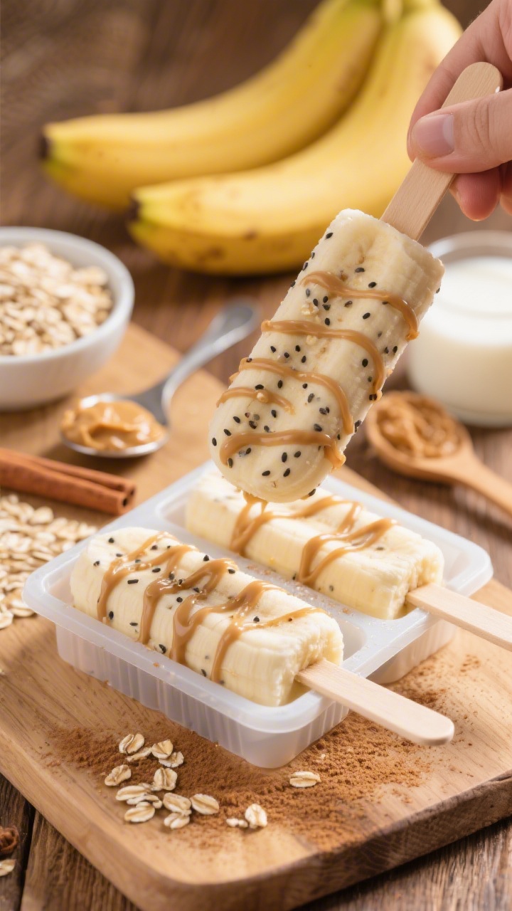 45-degree angle close-up of creamy banana-oat breakfast pops being unmolded: pale beige pops flecked with oats and chia seeds, with visible ribbons of peanut butter and a dusting of cinnamon; ingredients arranged behind as context—ripe bananas, a small bowl of quick oats, spoonful of nut butter, a splash of milk—on a warm wood surface, clean morning light, emphasizing hearty texture and wholesome breakfast energy.