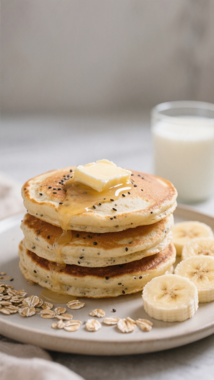 45-degree angle close-up of creamy banana-oat pancakes stacked three high, tender and speckled with chia seeds, lightly golden with soft edges; a drizzle of warm butter melting over the top, sliced ripe banana fanned to the side; visible oat texture in the crumb; served on a small neutral plate with a cup of milk nearby; clean, airy morning light with minimal styling.