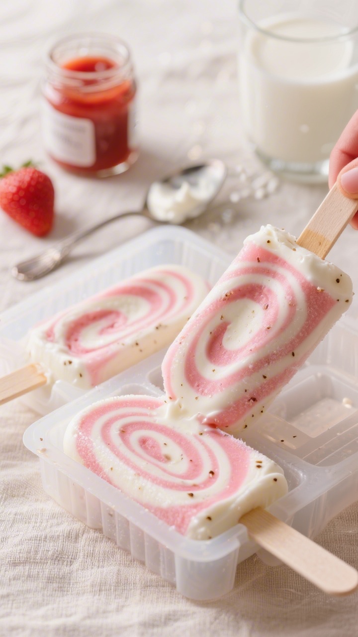 45-degree angle close-up of Creamy Strawberry Yogurt Swirl pops being unmolded, dramatic tight swirls of pink strawberry purée and white Greek yogurt visible through frosty sides, tiny vanilla speck flecks, glossy surface hints from honey/agave sweetener; a small jar of strawberry purée, a spoon with yogurt, and a splash of milk in a glass in soft focus; styled on a pale linen with gentle backlighting for a dessert-like, creamy appeal.