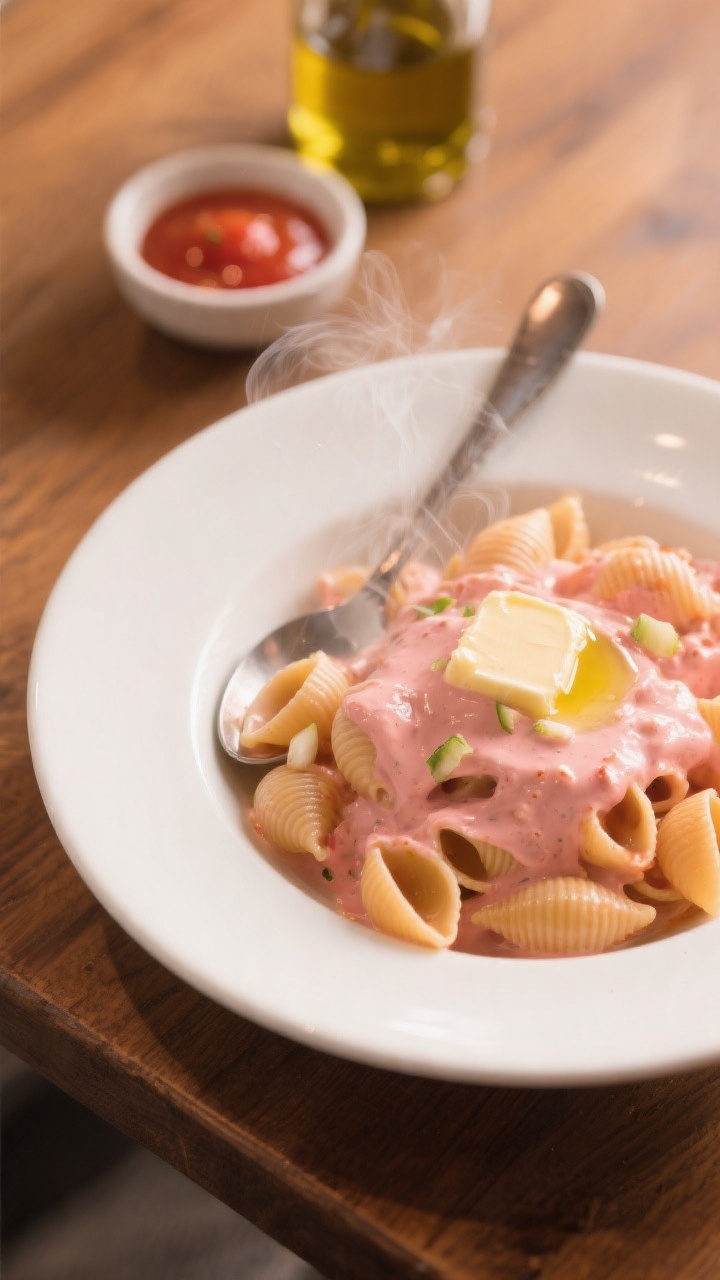 45-degree angle close-up of creamy tomato pasta made with mini shells, coated in a silky pink tomato-cream sauce with a glossy sheen; butter pat melting, a drizzle of olive oil, and tiny garlic bits visible; served in a white shallow bowl with a spoon resting inside, light steam rising; set on a warm-toned wooden table with a small bowl of tomato sauce and a bottle of olive oil in the background, soft natural light.