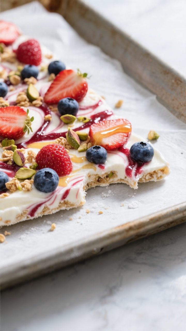 45-degree angle close-up of frozen yogurt bark on a baking sheet lined with parchment, marbled swirls of vanilla Greek yogurt and vibrant strawberry-raspberry-blueberry jam, drizzled with honey; topped with sliced strawberries and blueberries plus a sprinkle of crushed pistachios and granola for crunch; frosty edges, crisp texture visible where a corner is broken off; cool, bright lighting emphasizing whites, reds, and blues.