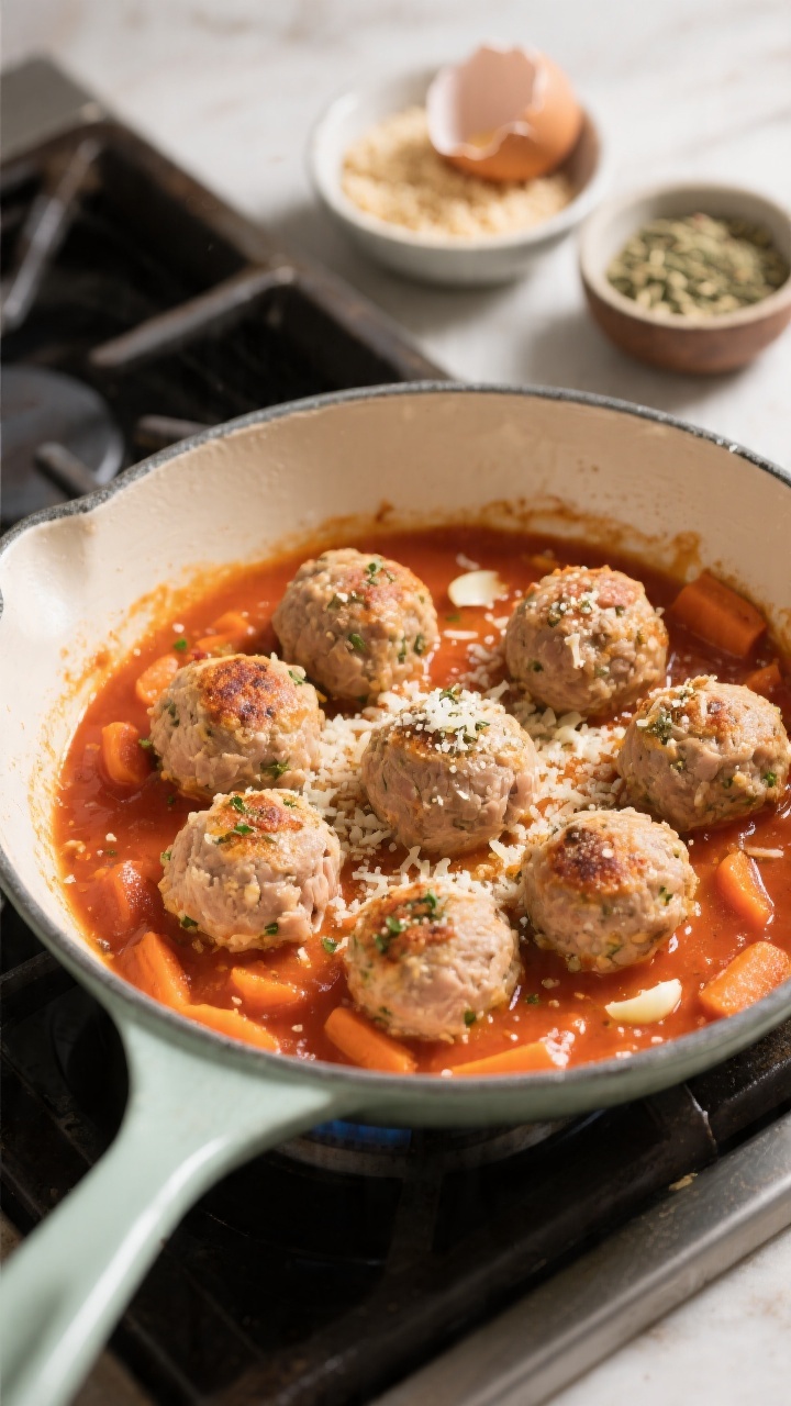 45-degree angle close-up of gentle turkey meatballs simmering in a smooth tomato-carrot sauce in a shallow enamel skillet: plump baked turkey meatballs flecked with Italian seasoning, fine breadcrumb texture visible, parmesan dusting melting into the tops, sauce tinted slightly orange from pureed carrot, tiny specks of garlic powder; a small bowl of fine breadcrumbs, cracked egg shell, and a pinch bowl of Italian seasoning styled at the edge; warm, cozy lighting, no frying mess, clean stovetop scene.