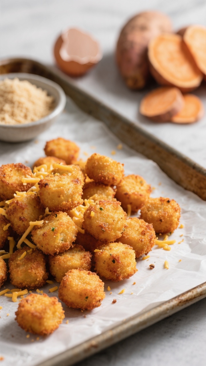 45-degree angle close-up of golden oven-baked sweet potato tots piled on a parchment-lined sheet pan, visibly crisp edges, flecks of finely grated mild cheddar peeking through; a small bowl of fine breadcrumbs and a cracked egg shell in the background, with a pile of peeled sweet potatoes to the side; shallow depth of field, natural light highlighting crunchy texture, minimal styling to emphasize oven-crisped finish.