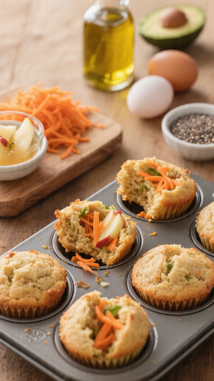 45-degree angle close-up of Hidden Veg Carrot-Apple Mini Muffins arranged in a mini muffin tin, ultra-soft crumb torn open to reveal finely grated carrot and apple strands; a small bowl showing squeezed apple shreds with expressed juice in a glass nearby, finely grated carrot mounded on a board, a bottle of avocado oil, and two eggs (plus a tiny dish of chia seeds blooming in water as a swap) in the background; warm, cozy tones, child-friendly vibe without props of people, sharp focus on moist texture.