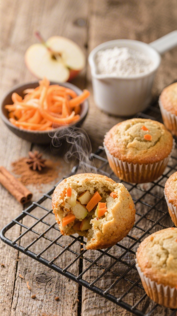 45-degree angle close-up of Hidden Veg Carrot-Apple Muffins cooling on a wire rack, warm cozy spice vibe; grated carrot and grated apple ribbons in a small bowl, a dusting of cinnamon and nutmeg nearby, white whole wheat flour in a measuring cup; one muffin split open to reveal orange carrot flecks and tender apple bits, gentle steam rising, rustic wooden surface.