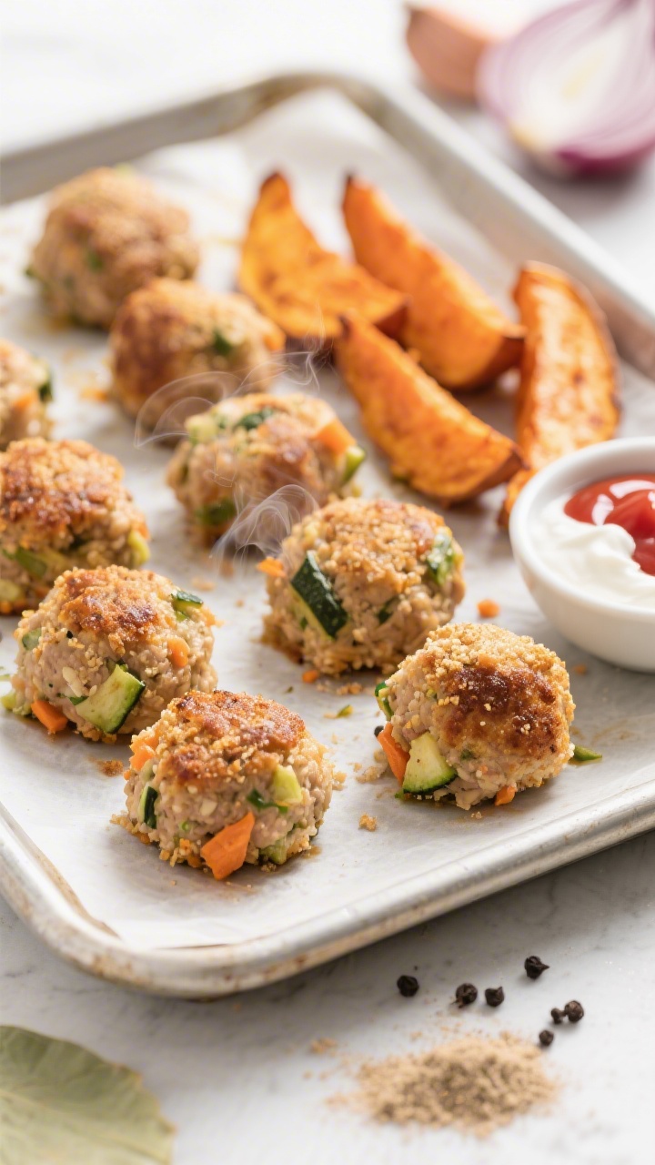 45-degree angle close-up of mini chicken veggie meatballs fresh from the oven: golden-brown, moist meatballs flecked with finely grated zucchini and carrot, served with sweet potato dippers (roasted wedges) on a parchment-lined sheet pan. Visible texture of breadcrumbs on the exterior, a small dish of ketchup or yogurt dip on the side, and raw prep elements subtly included at frame edge: onion powder and black pepper. Clean, bright kitchen light, crisp detail, steam gently rising.