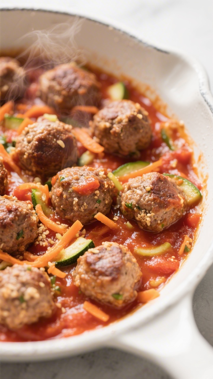 45-degree angle close-up of mini turkey meatballs simmering in hidden veggie marinara: bite-sized browned turkey meatballs nestled in a bright tomato sauce studded with finely grated zucchini and carrot; visible flecks of whole-wheat breadcrumbs in the meatballs; served in a shallow white enamel skillet with a few extra grated carrot and zucchini shreds scattered on the rim; gentle steam rising, glossy sauce sheen, tight depth of field to emphasize tender texture.