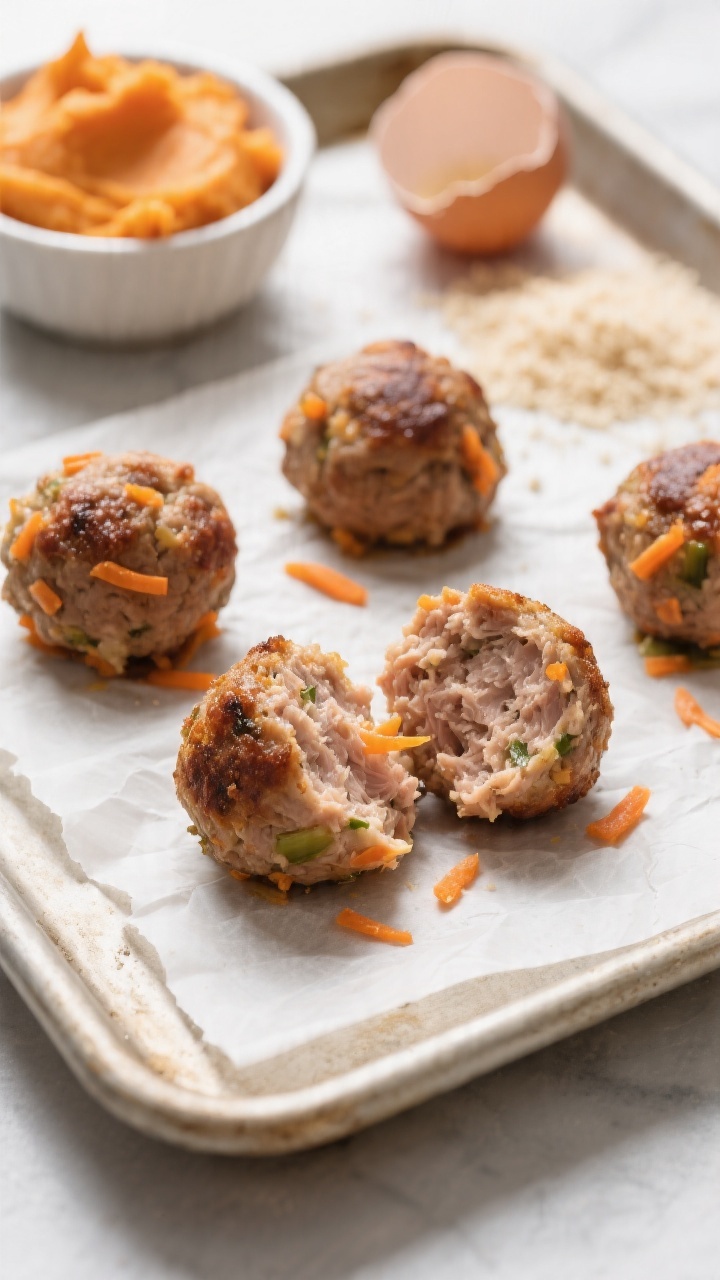 45-degree angle close-up of mini turkey veggie meatballs on a parchment-lined sheet pan: browned, juicy 93% lean turkey meatballs with visible tiny orange strands of very finely grated carrot, and a subtle golden crust. Include a small bowl of mashed cooked sweet potato, a cracked egg shell, and a scattering of plain breadcrumbs in the background to hint at ingredients. Shot tight for texture—moist interior peeking from one split meatball, clean light, no people.