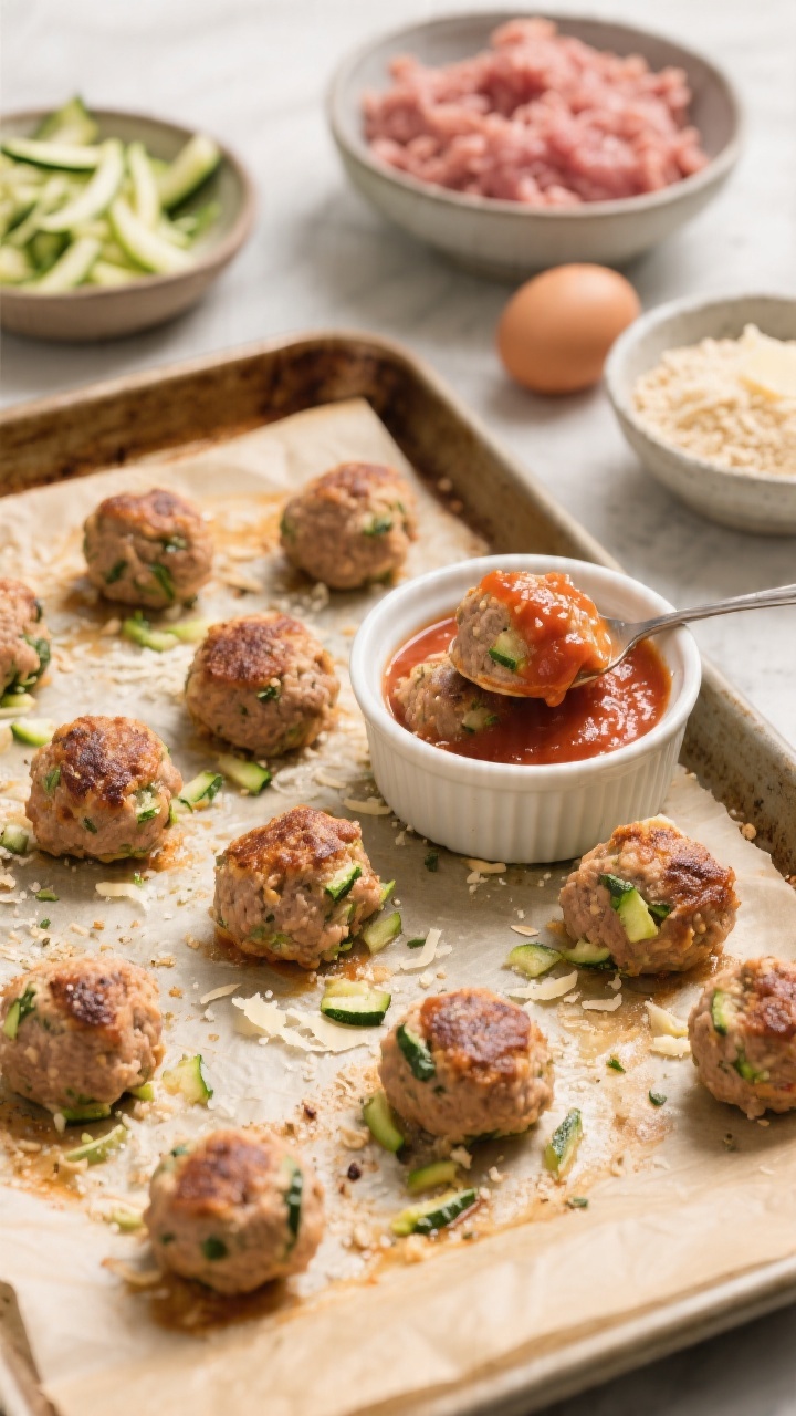 45-degree angle close-up of mini turkey zucchini meatballs on a parchment-lined sheet pan, just out of the oven: browned edges, flecks of finely grated zucchini visible, specks of Italian seasoning and Parmesan throughout. A warm, no-fuss marinara is spooned into a small ramekin with a few meatballs dipped, sauce clinging. Include bowls of raw ingredients in soft focus behind: ground turkey, squeezed-dry zucchini shreds, breadcrumbs/oat flour, grated Parmesan, and a cracked egg. Cozy, family-style mood with clean, natural light.
