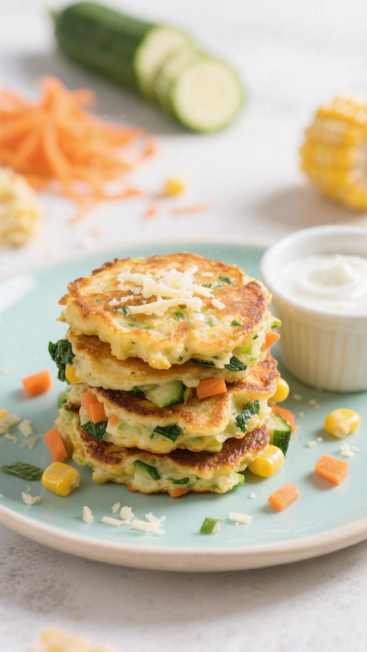 45-degree angle close-up of mini veggie pancakes stacked on a small kid-friendly plate: crisp, golden fritters with lacy edges and visible flecks of finely grated zucchini, carrot, chopped corn, and spinach, lightly melted cheese sprinkled over for a subtle cheesy crunch, a small dipping ramekin of yogurt on the side, scattered raw ingredients in the background (squeezed-dry zucchini shreds, grated carrot, chopped corn), shallow depth of field, bright and fresh mood.