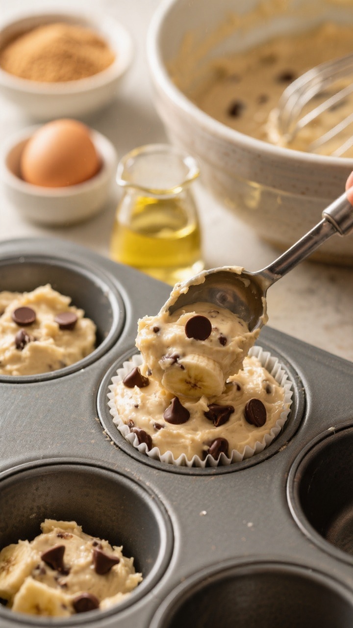 45-degree angle close-up of one-bowl banana chocolate chip muffin batter being portioned into a lined muffin tin with an ice cream scoop; mashed very ripe bananas flecked through the creamy batter, glossy chocolate chips peeking on top, with a small pitcher of neutral oil, bowls of granulated and light brown sugar, two whole eggs, and a whisked mixture in a single large mixing bowl in the background; warm homey mood, shallow depth of field, focus on the luscious batter texture and banana speckles.