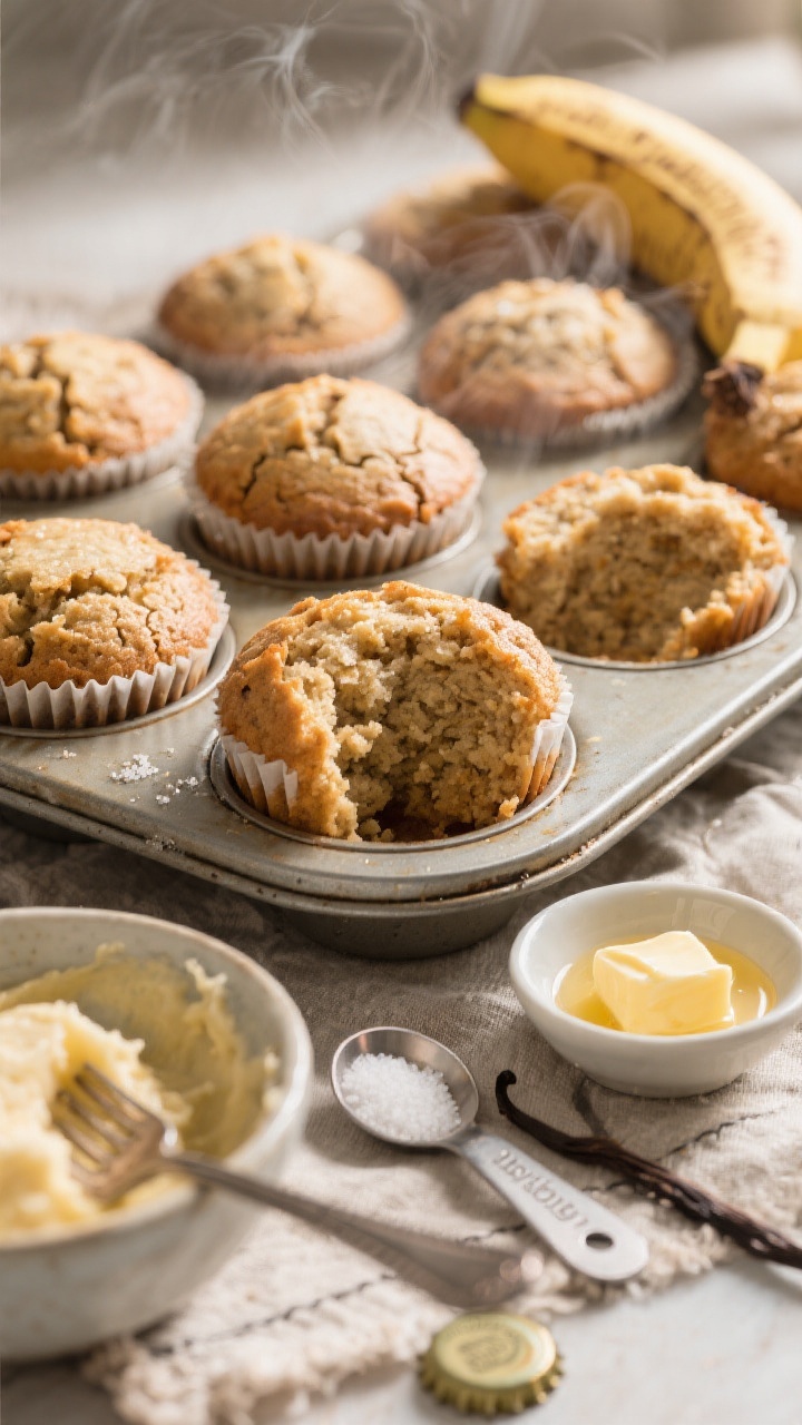 45-degree angle close-up of One-Bowl Banana Muffins cooling in a tin, domed tops with a crackly sheen from ripe bananas and granulated sugar, a few muffins unwrapped to reveal moist crumb; props include a mashed banana in a bowl with a fork, a small dish of melted butter, a teaspoon measure labeled baking soda, and a bottle cap of vanilla extract; warm morning light, rustic linen, steam faintly rising for appetizing warmth.