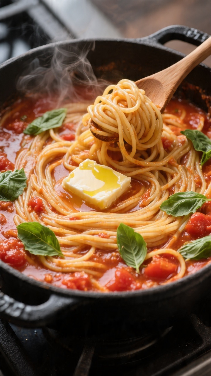 45-degree angle close-up of one-pot pasta simmering: spaghetti submerged in a tomato-basil butter sauce made from crushed tomatoes, water/broth, a visible pat of melting unsalted butter, and a drizzle of olive oil; torn basil leaves scattered on the surface; gentle steam rising, silky sauce clinging to the pasta strands; shot in a matte black Dutch oven on a stovetop, with a wooden spoon twirling a small nest of pasta to highlight sheen and texture; warm, cozy Italian comfort mood.