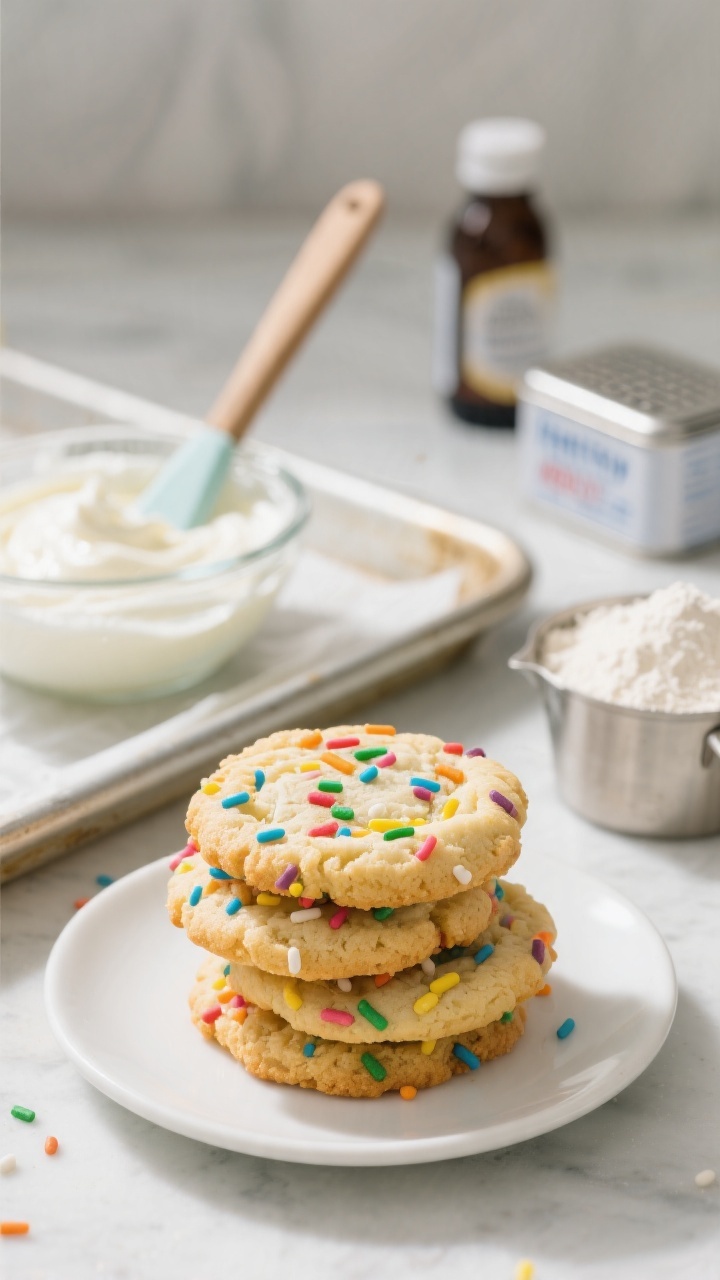 45-degree angle close-up of Rainbow Sprinkle Yogurt Cookies piled on a small white plate, edges lightly golden, interiors soft and cakey, studded with colorful rainbow sprinkles; a blurred background shows creamed butter and plain Greek yogurt mixture in a glass bowl with a spatula, a vanilla bottle, a measuring cup of all-purpose flour, and a tin of baking powder. Bright, cheerful tones, clean baking sheet lined with parchment peeking into frame, high contrast and sharp texture on crumb and sprinkles.