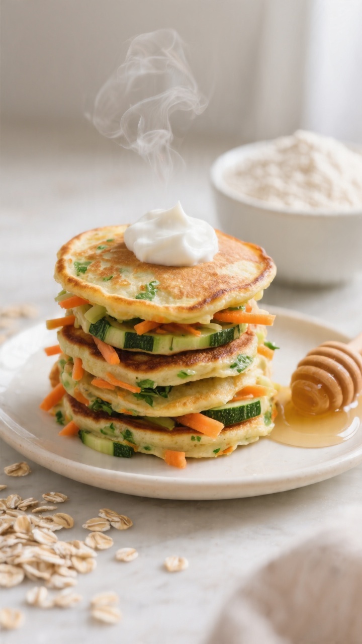 45-degree angle close-up of rainbow veggie pancakes stacked on a small toddler-friendly plate, edges crisp and golden with visible ribbons of grated zucchini, grated carrot, and tiny green specks of very finely chopped spinach, served with a dollop of yogurt and a drizzle of honey on the side, a small bowl of white whole wheat flour and a scattering of quick oats blurred in the background, soft morning light, steam gently rising, inviting and wholesome.