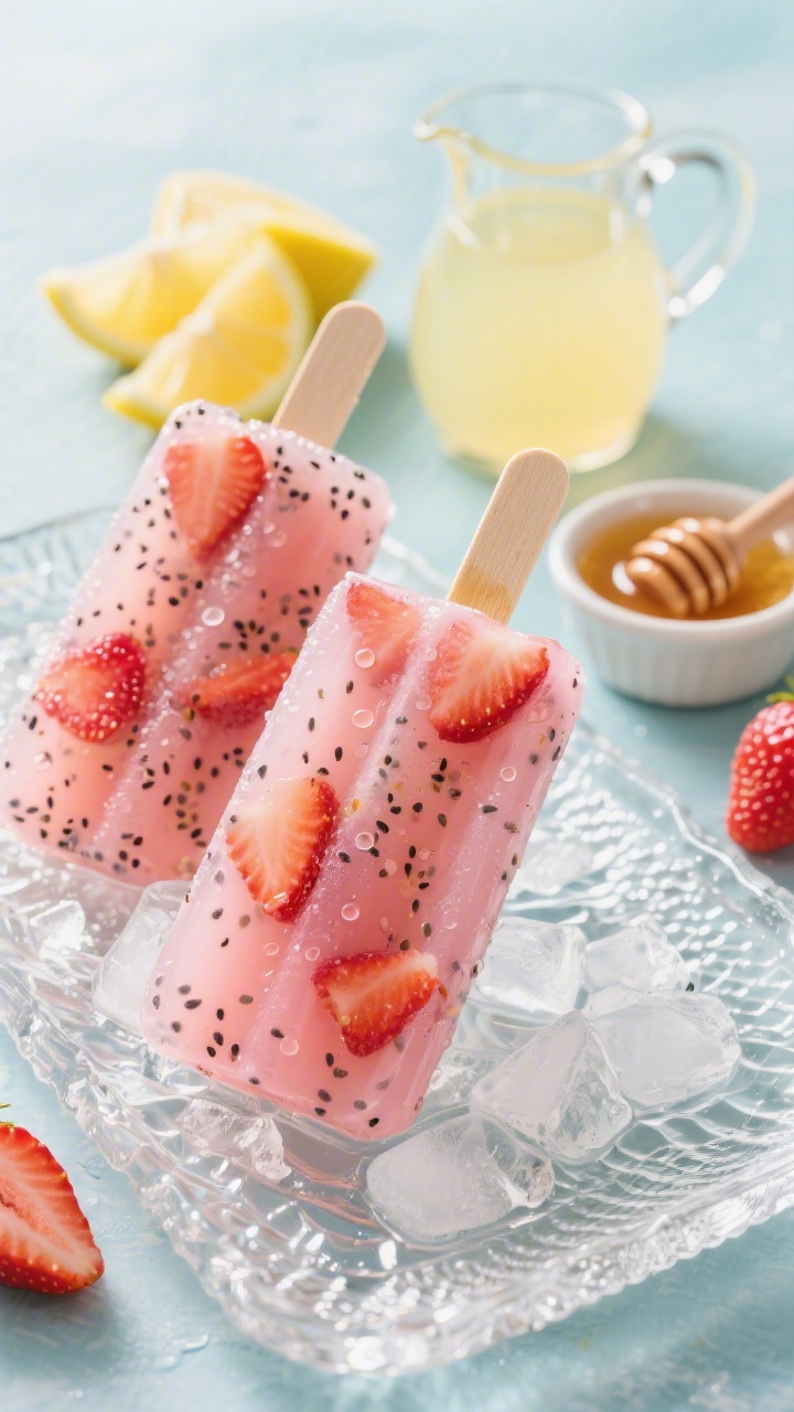 45-degree angle close-up of strawberry-chia lemonade pops that hydrate: translucent ruby-pink pops with visible strawberry pieces suspended in water/coconut water, tiny chia seeds speckled throughout, and droplets of condensation; lemon wedges and a small pitcher of freshly squeezed lemon juice in the background, a drizzle of maple/honey in a tiny ramekin to the side; shot on a chilled textured glass tray with crushed ice, bright, refreshing summer mood.