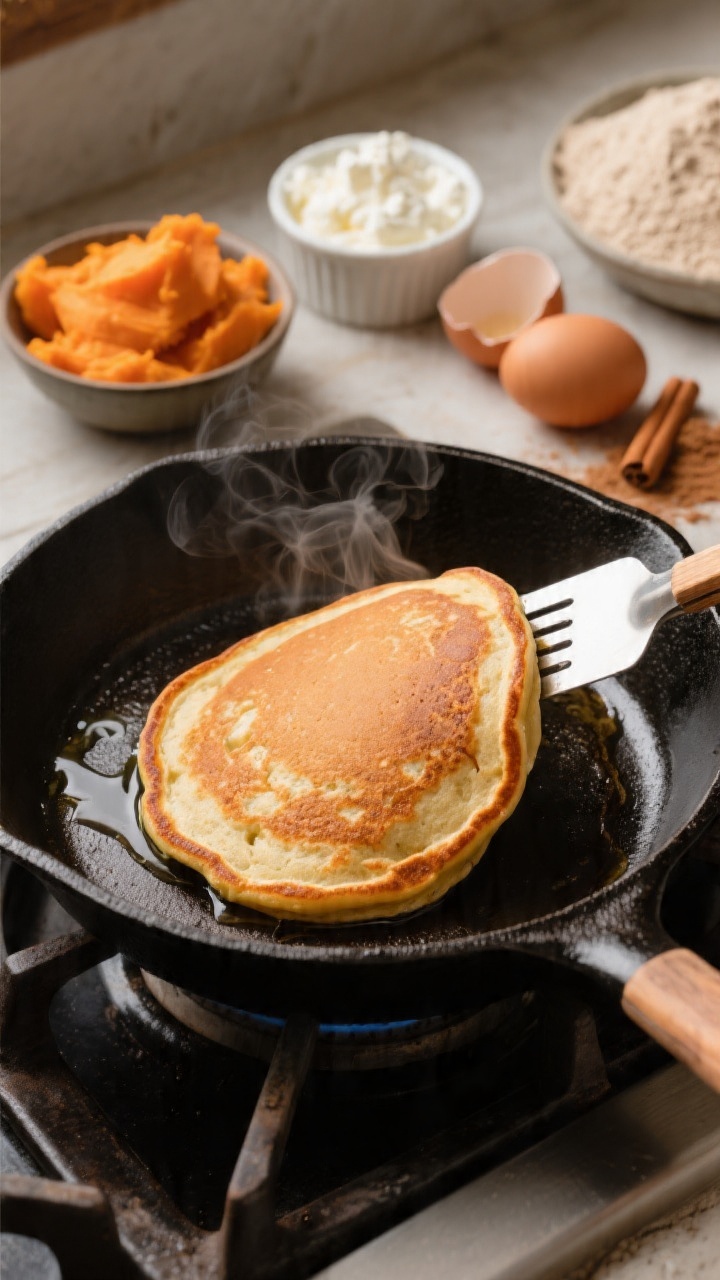 45-degree angle close-up of Sweet Potato Cottage Cheese Flapjacks in the skillet: small, thick pancakes with gently crisped edges and tender orange interiors, steam rising. Show a small bowl of well-mashed sweet potato (no chunks), a ramekin of small-curd cottage cheese, two cracked eggs, whole wheat flour, a pinch of baking powder, and a dusting of ground cinnamon on the side. Cast-iron pan on a stovetop with a thin brush of oil, one pancake mid-flip with a spatula, warm cozy tones emphasizing protein-rich, kid-friendly comfort.