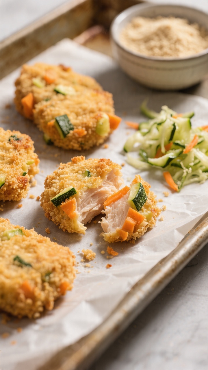 45-degree angle close-up of tender chicken veggie nuggets on a parchment-lined sheet pan: golden, lightly crisp exteriors coated in fine breadcrumbs, flecks of grated zucchini and carrot visible inside when one nugget is broken open, a subtle orange hue from mashed sweet potato; a shallow bowl of extra fine breadcrumbs and a small pile of squeezed-dry grated zucchini off to the side; warm, even lighting emphasizing the sweet-potato crunch and moist interior, no dipping sauce, just the nuggets as the hero.