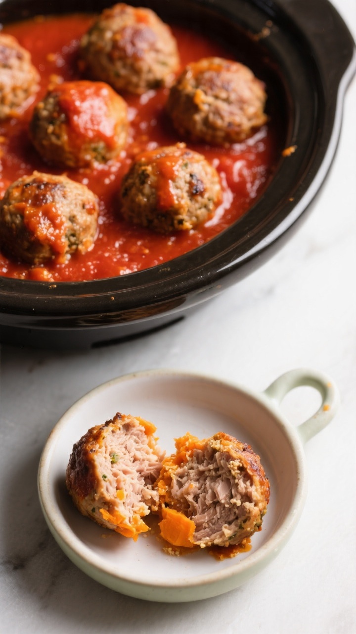 45-degree angle close-up of turkey meatballs made with ground turkey and mashed sweet potato, seared then nestled in a cozy marinara inside a slow cooker: glossy red sauce clinging to round, lightly browned meatballs, subtle orange hue from sweet potato showing through, specks of fine breadcrumbs visible. Plated sample on a small toddler bowl in the foreground with a single meatball cut open to show moist interior; warm, inviting tones, no people.
