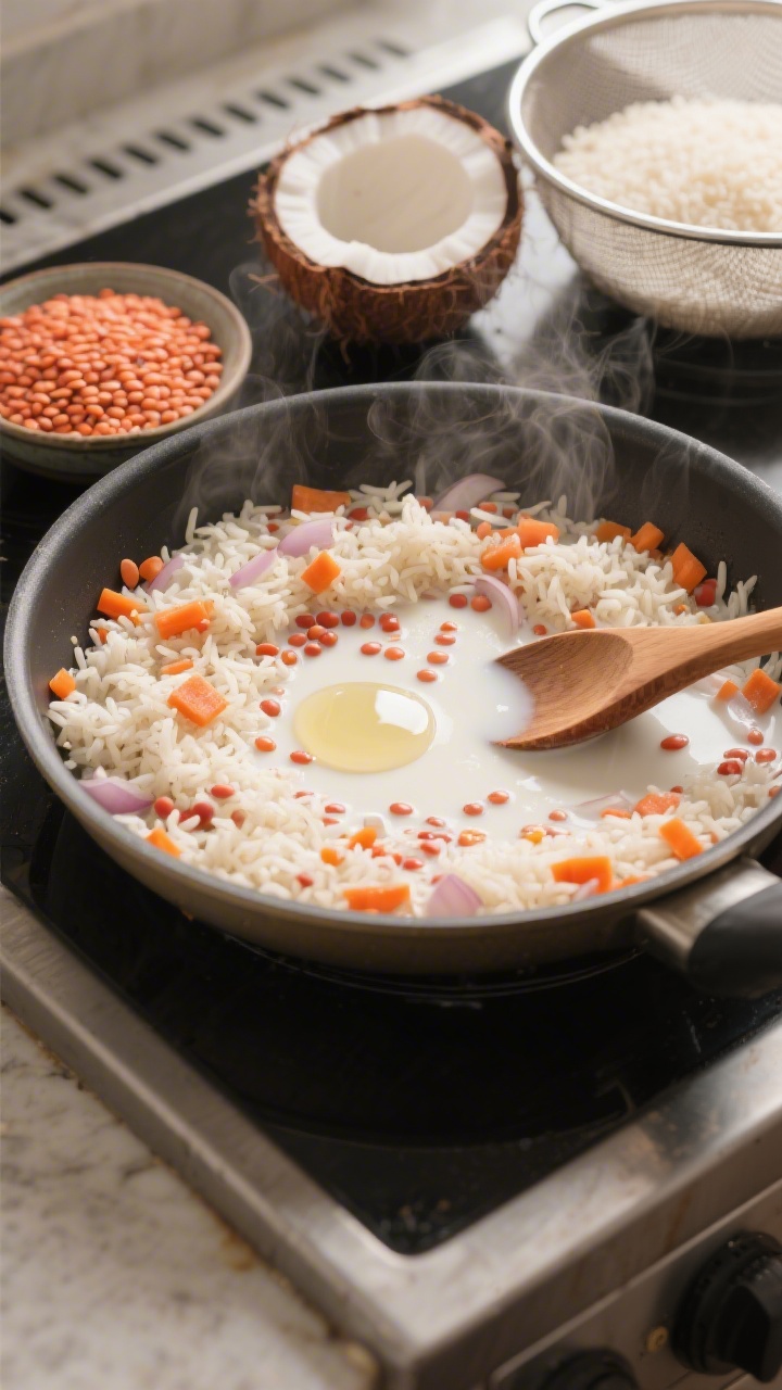 45-degree angle cooking-process shot of one-pan coconut lentil rice with hidden veg: a shallow sauté pan on a stovetop with jasmine rice, red lentils, finely diced carrot and onion simmering in creamy coconut milk, a glossy pat of coconut oil melting at the edge. Steam rising, grains just visible through the milky liquid, tiny orange and translucent onion bits speckling the surface. A wooden spoon resting on the pan, ingredients styled nearby: a small bowl of red lentils, a wedge of coconut, and rinsed rice in a mesh strainer. Soft, natural light for a cozy weeknight vibe.