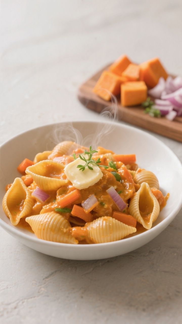 45-degree angle, creamy hidden-veg pasta with tiny shells twirled in a shallow white bowl: glossy small pasta shells coated in a velvety orange sauce made from onions, carrots, and butternut squash, steam gently rising; garnished with a pat of melting unsalted butter and a sprinkle of micro herbs; in the background, a small mise en place of peeled diced carrots, cubed butternut squash, and finely chopped onion on a wooden board to hint at the hidden veggies; soft natural light for a cozy, toddler-appealing mood.